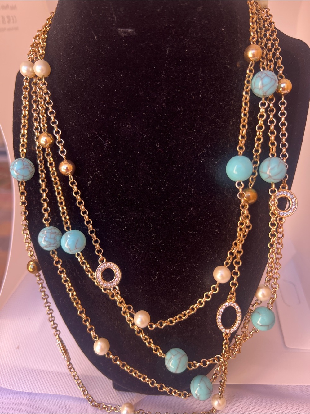 Vintage Gold-Tone Layered Necklace with Turquoise and Pearl Beads